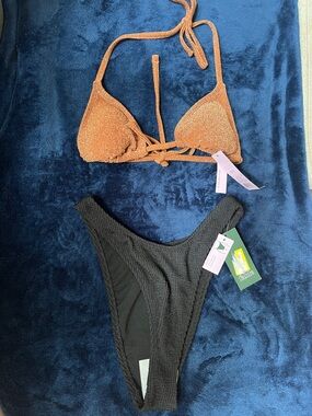 SHEIN Rust Orange Shimmery Triangle Bikini Top with Black High-Cut Bottoms